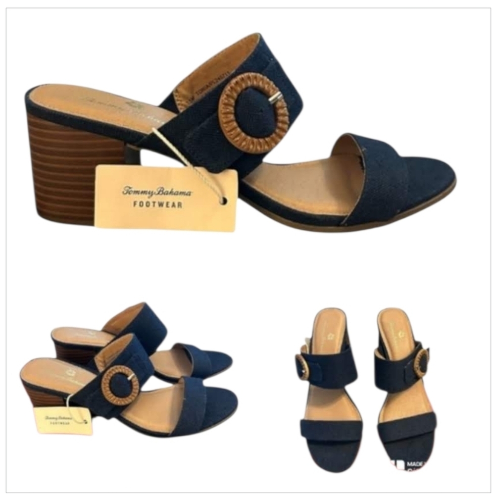 NWT Tommy Bahama Tonia Navy Blue Canvas Block Heel Sandals 8
